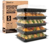 Zuvo Sandwich Platter Trays with Lids, Pack of 5 Catering Tray, 34x24x7 cm | Black base with clear covers, Reusable rigid plastic, freezer safe, for serving buffet, wraps, rolls, pastries, and fruit