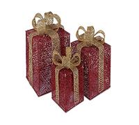Zuvo Set of Three Light Up Decorative Coloured Christmas Parcel Set with Bow Indoor Outdoor Decoration Xmas Lights (Red Gold)