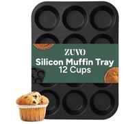 Zuvo Silicone Muffin Tray 12 Cup, Non-Stick Cupcake & Fairy Cake Tin, Black