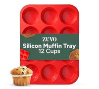 Zuvo Silicone Muffin Tray 12 Cups, Non-Stick Cupcake & Bun Mould, Red