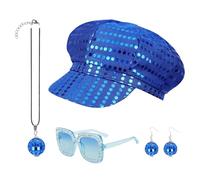 ZUYIST 4Pcs 70s Women Disco Accessories, Sequin Hat Rhinestone Square Glasses Disco Ball Earrings Necklaces Accessories Fancy Dress Kit for Dance Theme Party Costume Music Festivals