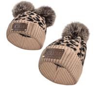 ZUYYON 2 Pcs Parent-Child Beanie Hat Mama Mini Leather Patch Knitted Cap Winter Warm Cuffed Mom Daughter/Son Cap with Pom Pom, Brown Leopard Print, One size