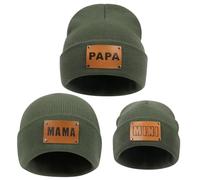 ZUYYON 3 Pcs Parent-Child Beanie Hats Mama PAPA MINI Leather Patch Winter Knit Cap Warm Cuffed Cap Matching Family Beanie Hat, Army Green, One size