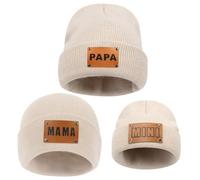 ZUYYON 3 Pcs Parent-Child Beanie Hats Mama PAPA MINI Leather Patch Winter Knit Cap Warm Cuffed Cap Matching Family Beanie Hat, Beige, One size