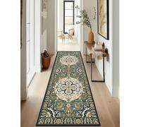 ZUZEKU Boho Runner Hallway Kitchen Washable Non-Slip 100 x 450 cm Vintage Green Long Kitchen Rug Hallway Rug for Corridor Living Room Bedroom Sold by the Metre Adjustable