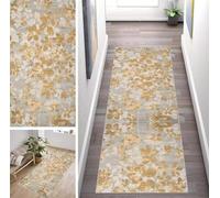 ZUZEKU Runner Hallway Kitchen Washable Non-Slip 100 x 300 cm Modern Leaf Pattern Gold and Grey Vintage Long Kitchen Rug Hallway Rug for Corridor Living Room Bedroom Sold by the Metre Adjustable