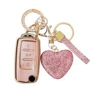 ZVRSUA Car Key Case Cover with Diamond Bling Keychain Compatible with VW Car Key Golf Polo Passat Skoda Fabia Leon Ibiza Jetta Beetle Multivan T5 - for Flip Key (Pink)
