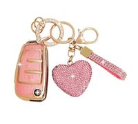 ZVRSUA Car Key Fob Cover for Audi, TPU Car Key Case with Diamond Pink Heart Keychain Compatible with Audi A1 A3 S3 A4 S4 RS4 A6 S6 RS6 Q3 Q5 Q7 TT R8 Seat Exeo, Flip Key, 3 Buttons(Pink)