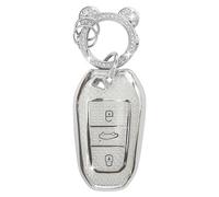 ZVRSUA Car Key Fob Cover for Peugeot Keys, Car Key Case TPU with Diamond Cute Keychain Compatible with Peugeot 2008 3008 5008 308 508 for Opel Grandland X Mokka Corsa Insignia(Silver)
