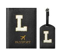 ZVRSUA Passport Cover and Luggage Tag Set with Letter Patch, Passport Case, Personalised Travel Luggage Accessories, Gift, Very Cute for Women, Teens, Girls, black, 14.5cm*10.5cm, Black L