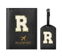 ZVRSUA Passport Cover and Luggage Tag Set with Letter Patch, Passport Case, Personalised Travel Luggage Accessories, Gift, Very Cute for Women, Teens, Girls, black, 14.5cm*10.5cm, Black R