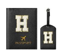 ZVRSUA Passport Cover and Luggage Tag Set with Letter Patch, Passport Case, Personalised Travel Luggage Accessories, Gift, Very Cute for Women, Teens, Girls, black, 14.5cm*10.5cm, Black H