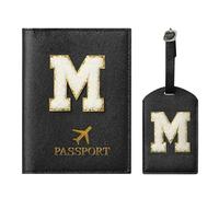 ZVRSUA Passport Cover and Luggage Tag Set with Letter Patch, Passport Case, Personalised Travel Luggage Accessories, Gift, Very Cute for Women, Teens, Girls, black, 14.5cm*10.5cm, Black M