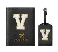 ZVRSUA Passport Cover and Luggage Tag Set with Letter Patch, Passport Case, Personalised Travel Luggage Accessories, Gift, Very Cute for Women, Teens, Girls, black, 14.5cm*10.5cm, Black V