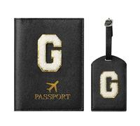 ZVRSUA Passport Cover and Luggage Tag Set with Letter Patch, Passport Case, Personalised Travel Luggage Accessories, Gift, Very Cute for Women, Teens, Girls, black, 14.5cm*10.5cm, Black G