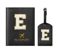 ZVRSUA Passport Cover and Luggage Tag Set with Letter Patch, Passport Case, Personalised Travel Luggage Accessories, Gift, Very Cute for Women, Teens, Girls, black, 14.5cm*10.5cm, Black E
