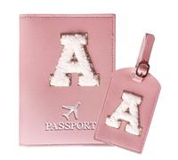 ZVRSUA Passport Holder and Luggage Tag Set with Cute Letter Patches A-Z，Initial Passport Cover, Travel Document Holder,Gift for Women, Teens, Girls,5,5 Zoll,（Rosa-A）