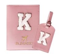 ZVRSUA Passport Holder and Luggage Tag Set with Cute Letter Patches A-Z，Initial Passport Cover, Travel Document Holder,Gift for Women, Teens, Girls,5,5 Zoll,（Rosa-K）