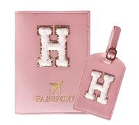 ZVRSUA Passport Holder and Luggage Tag Set with Cute Letter Patches A-Z，Initial Passport Cover, Travel Document Holder,Gift for Women, Teens, Girls,5,5 Zoll,（Rosa-H）