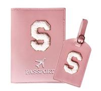ZVRSUA Passport Holder and Luggage Tag Set with Cute Letter Patches A-Z，Initial Passport Cover, Travel Document Holder,Gift for Women, Teens, Girls,5,5 Zoll,（Rosa-S）
