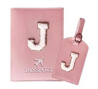 ZVRSUA Passport Holder and Luggage Tag Set with Cute Letter Patches A-Z，Initial Passport Cover, Travel Document Holder,Gift for Women, Teens, Girls,5,5 Zoll,（Rosa-J）