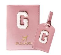 ZVRSUA Passport Holder and Luggage Tag Set with Cute Letter Patches A-Z，Initial Passport Cover, Travel Document Holder,Gift for Women, Teens, Girls,5,5 Zoll,（Rosa-G）