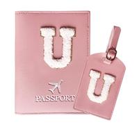 ZVRSUA Passport Holder and Luggage Tag Set with Letter Patch, Durable PU Leather, Personalized Travel Luggage Accessories Gift, Very Cute for Women, Teens, Girls, Pink-u, Reisepasshülle 5,5 Zoll
