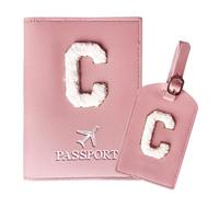 ZVRSUA Passport Holder and Luggage Tag Set with Letter Patch, Durable PU Leather, Personalized Travel Luggage Accessories Gift, Very Cute for Women, Teens, Girls, Pink C, Reisepasshülle 5,5 Zoll