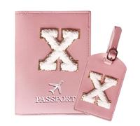 ZVRSUA Passport Holder and Luggage Tag Set with Letter Patch, Durable PU Leather, Personalized Travel Luggage Accessories Gift, Very Cute for Women, Teens, Girls, Pink-x, Reisepasshülle 5,5 Zoll