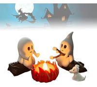 ZVUTRCUV Ghost Camp Fire Gathering,Funny Ghosts Campfire Flickering Figurine Set Cute Ghosts with Cat & Dog Roasting Marshmallows Statue Decor for Spooky Theme Party Halloween Decor (#1,1pcs)
