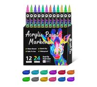 ZwaitL 12Pieces Acrylic Paint Pen With Brush Tip Double Ended Acrylic Markers For Painting On Paper Wood Glass Ceramic Canvas Double Ended Pen