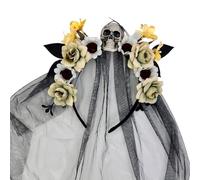 ZwaitL Halloween Witch Hairband With Skull Flower Designs Tulle Veil For Day Of The Dead Costume Accessories Festival Props Witch Costume Hairband