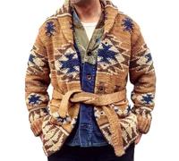 ZWENDE Men Cardigan Trend Jacquard Men Knitted Jacket Slim Fit Lapels Men Sweater Jacket Long Sleeve Men Casual Jacket with Waist Belt A-Brown 3XL