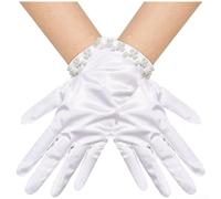 ZWEquipint Women's Satin Short Finger Gloves with Pearl Embellishments for Bridal Wedding Photography and Special for occasions Ivory White(Pure White)