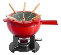 Zwilling 40201-001 Fondue Set - Cherry Enamel Cast Iron Pan, Swiss Fondue Set for Melted Cheese, Includes 6 Wooden Forks, Chocolate Melting Pot, Splash Protector, Suitable for All Hobs, Food Warmer