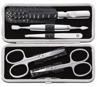 ZWILLING Manicure Set (5 piece, for fingernail and toenail care, genuine leather case with metal frame), Polished Stainless Steel, Crocodile Edition, Black