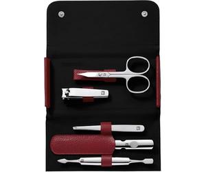 ZWILLING Manicure Set (5 piece, travel-size pedicure set, with nail clipper, genuine leather case), Polished Stainless Steel, Red