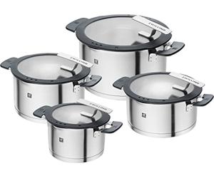 ZWILLING Simplify Cookware Set 4-Piece, Integrated Strainer, Induction | Pouring Function, Stay-Cool Handles, Stainless Steel, Grey