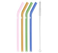 ZWILLING Sorrento Glass Straws, Sustainable and Reusable, Borosilicate Glass, for Cold and Hot Drinks, Pack of 4, Length: 23 cm, Curved Shape, Colour: Multicoloured, Includes Cleaning Brush