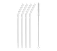 ZWILLING Sorrento Glass Straws Sustainable and Reusable Borosilicate Glass for Cold and Hot Drinks, Pack of 4, Length: 23 cm, Curved Shape, Clear Colour with Cleaning Brush