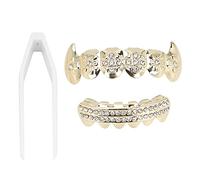 Zwinner Grills - Electroplate Hip Hop False Teeth Set, Top and Bottom Vampire Fangs Reusable Unfading Halloween Festival Teeth Decoration Brace for Women, Men, Kids (Gold)