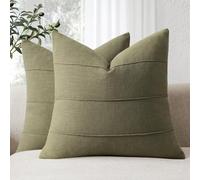 ZWJD Decorative Linen Cushion Covers 45x45 Set of 2 Solid Handcrafted Striped Throw Pillow Covers Soft Modern Farmhouse Neutral Cushion Covers for Sofa Bedroom Living Room Home Decor (Olive Green)