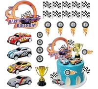 ZWLIYCHN Car Cake Topper 24Pcs, Race Car Cake Decorations with Happy Birthday Topper, Hot Wheel, Tire, Trophy, Flag, Car Cupcake Decorations for Man/Boy Racing Cars Theme Birthday Supplies Party Favor