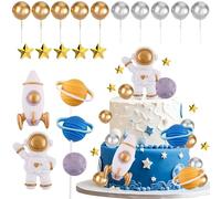 ZWLIYCHN Space Theme Cake Topper 20Pcs Outer Space Cake Decoration Astronaut Figurine Rocket Balls and Stars Spaceman Figures for Two The Moon First Trip Around the Sun Birthday Baby Shower