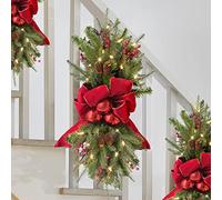 ZWMBYN Christmas Teardrop Swag with Lights, 16.5IN Artificial Xmas Stair Swag Garland, Christmas Wreath, Battery Operated Hanging Decor for Stairway Door Fireplace Window