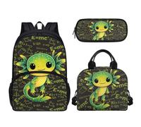 ZWPINITUP 3 PCS Kids School Backpack with Lunch Box Pencil Pouch, Back to School Green Axolotl Bookbag, Kids Large Capacity Outdoor Travel Sports Backpack Gifts