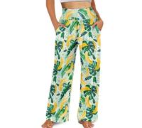 ZWPINITUP Wide Leg Pants for Women Summer 2024 Palazzo Tropical Floral Casual High Waist Trousers with Pockets S-3XL, Banana Leaf, M