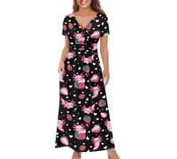 ZWPINITUP Women's Fall Summer Short Sleeve Ankle Length V-Neck Party Dress with Pockets Size S-3XL, Axolotl Red Strawberry, M