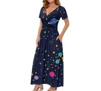 ZWPINITUP Women's Fall Summer Short Sleeve Ankle Length V-Neck Party Dress with Pockets Size S-3XL, Planet Galaxy Space, L