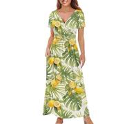 ZWPINITUP Women's Fall Summer Short Sleeve Ankle Length V-Neck Party Dress with Pockets Size S-3XL, Summer Lemon, M